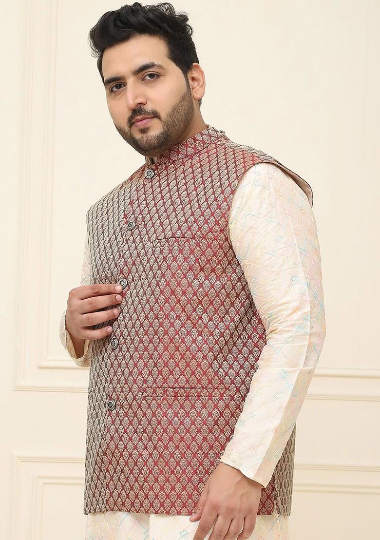 Maroon Printed Poly Blend Nehru Jackets For Men