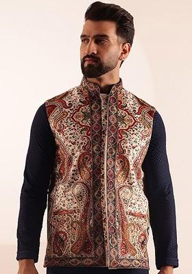 Cream Printed Poly Blend Nehru Jackets For Men