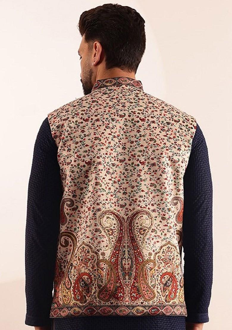 Cream Printed Poly Blend Nehru Jackets For Men