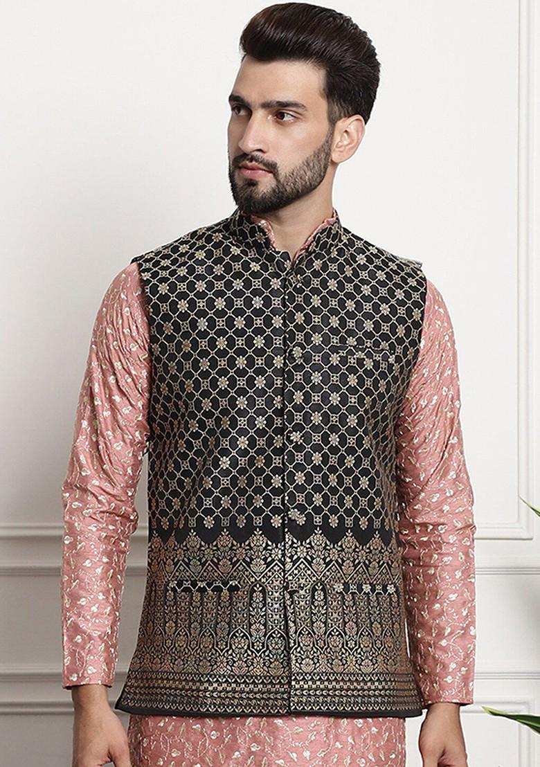 Black Embroidered Poly Blend Nehru Jackets For Men
