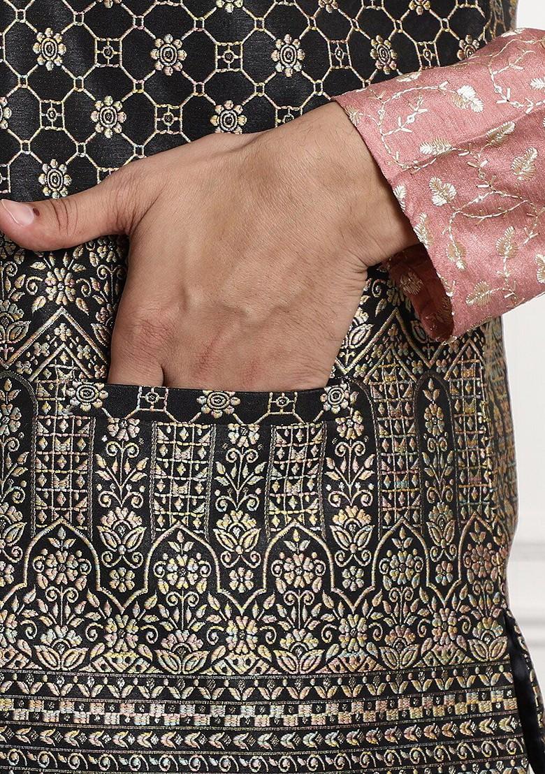 Black Embroidered Poly Blend Nehru Jackets For Men