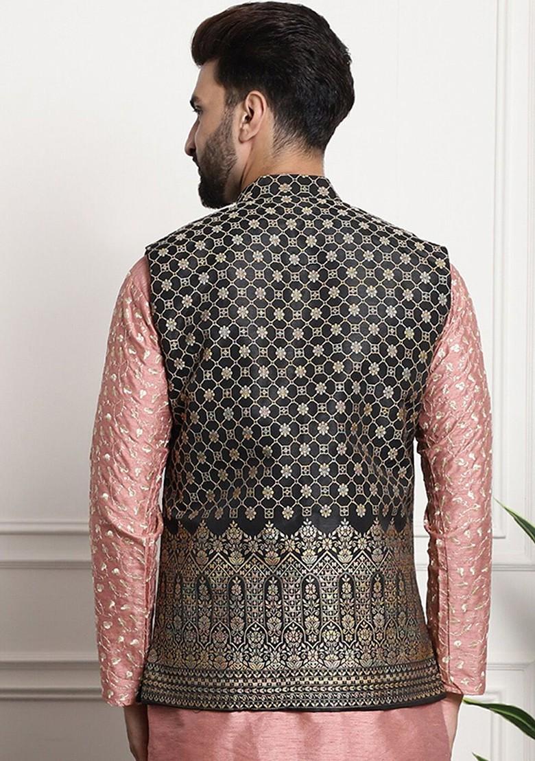 Black Embroidered Poly Blend Nehru Jackets For Men
