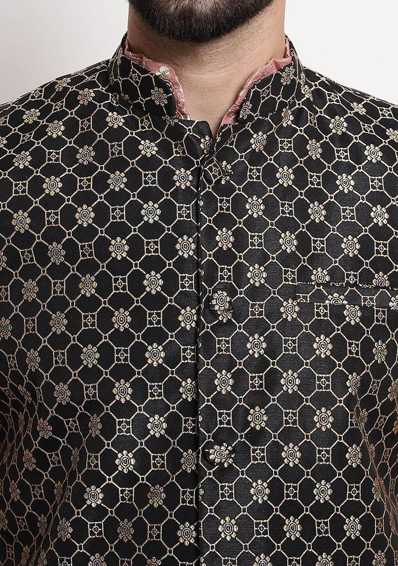 Black Embroidered Poly Blend Nehru Jackets For Men