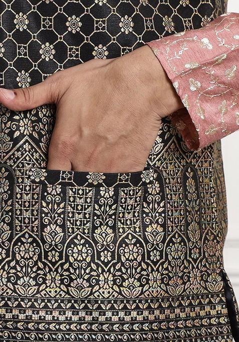 Black Embroidered Poly Blend Nehru Jackets For Men