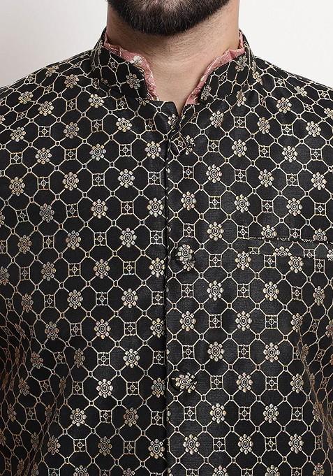 Black Embroidered Poly Blend Nehru Jackets For Men