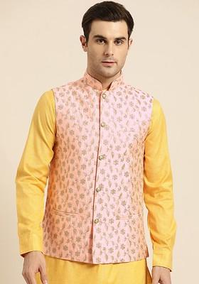 Peach Embroidered Poly Blend Nehru Jackets For Men