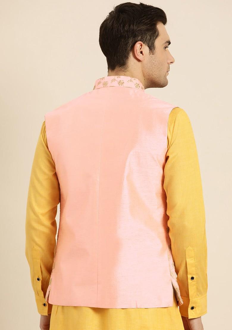 Peach Embroidered Poly Blend Nehru Jackets For Men