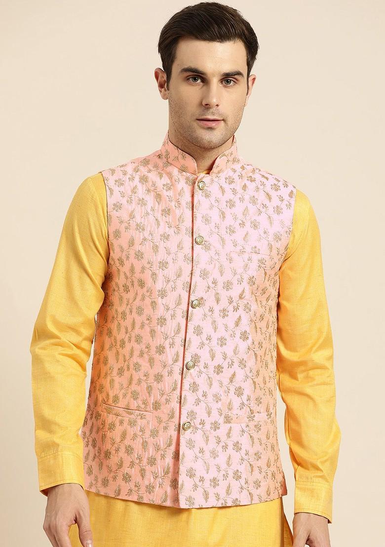 Peach Embroidered Poly Blend Nehru Jackets For Men