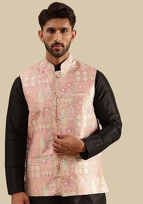 Pink Woven Poly Blend Nehru Jackets For Men