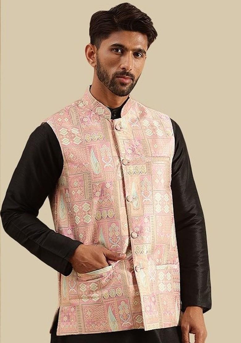 Pink Woven Poly Blend Nehru Jackets For Men