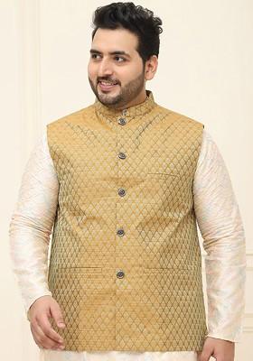 Mustard Printed Poly Blend Nehru Jackets For Men