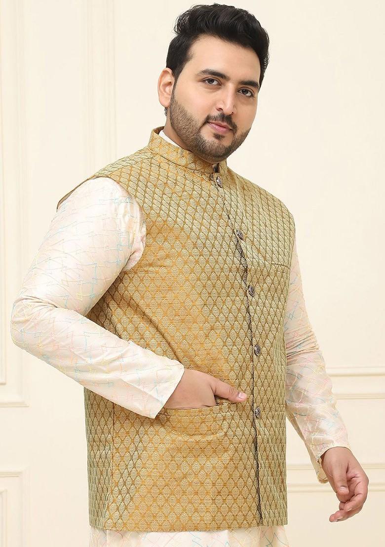 Mustard Printed Poly Blend Nehru Jackets For Men