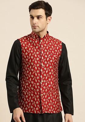 Red Woven Poly Blend Nehru Jackets For Men
