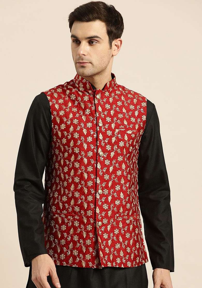 Red Woven Poly Blend Nehru Jackets For Men - Indya