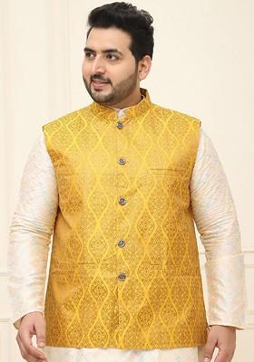 Mustard Printed Poly Blend Nehru Jackets For Men