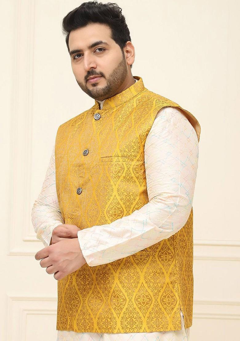 Mustard Printed Poly Blend Nehru Jackets For Men