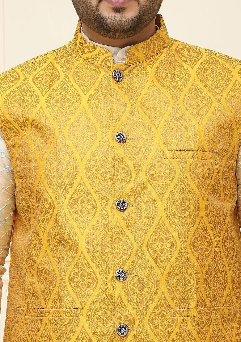 Mustard Printed Poly Blend Nehru Jackets For Men