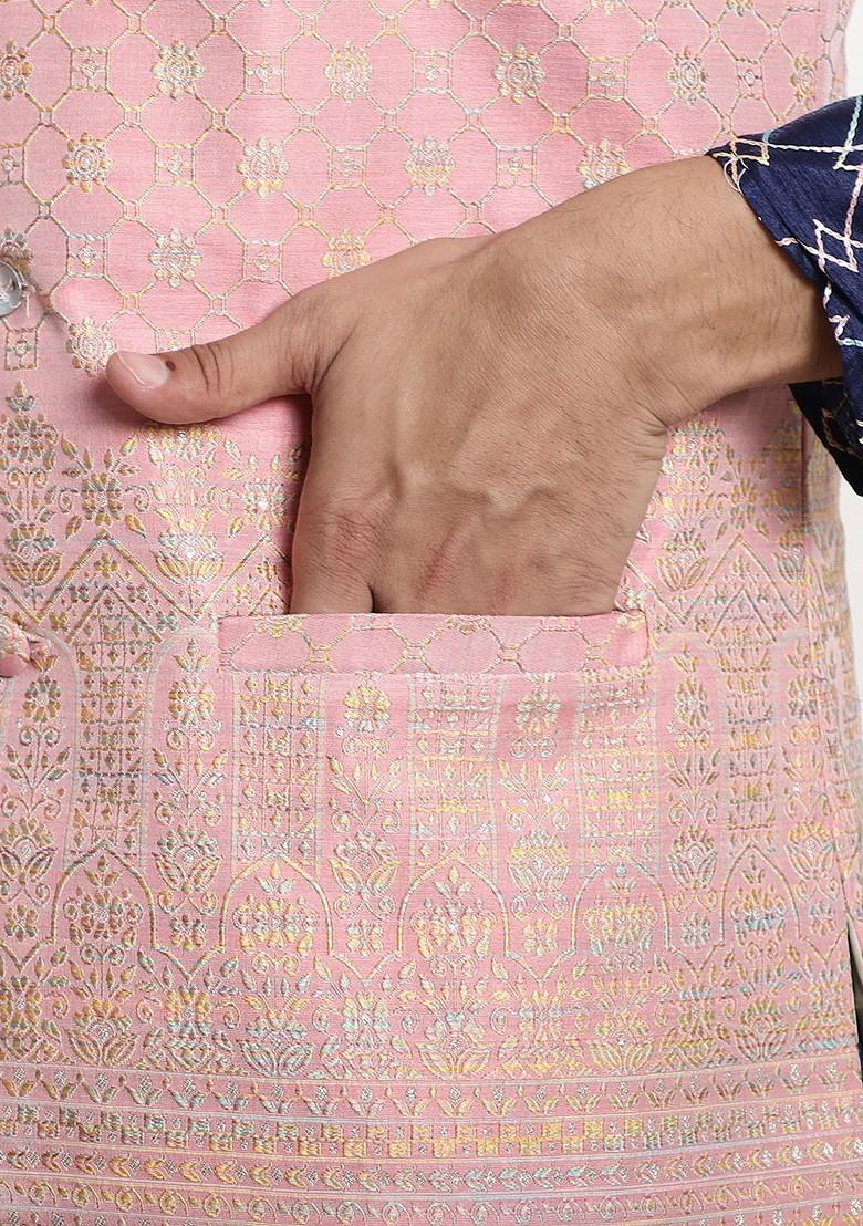 Pink Woven Jacquard Nehru Jackets For Men