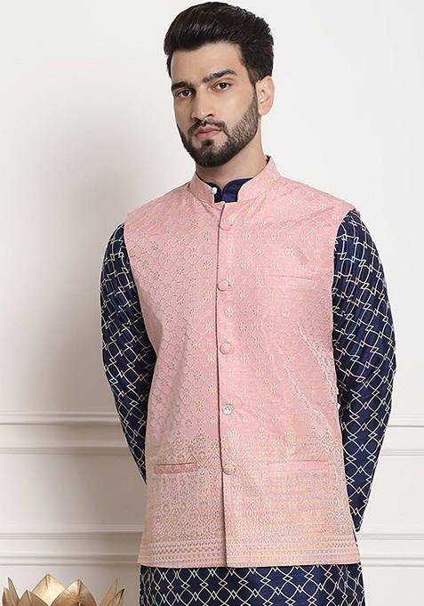 Pink Woven Jacquard Nehru Jackets For Men