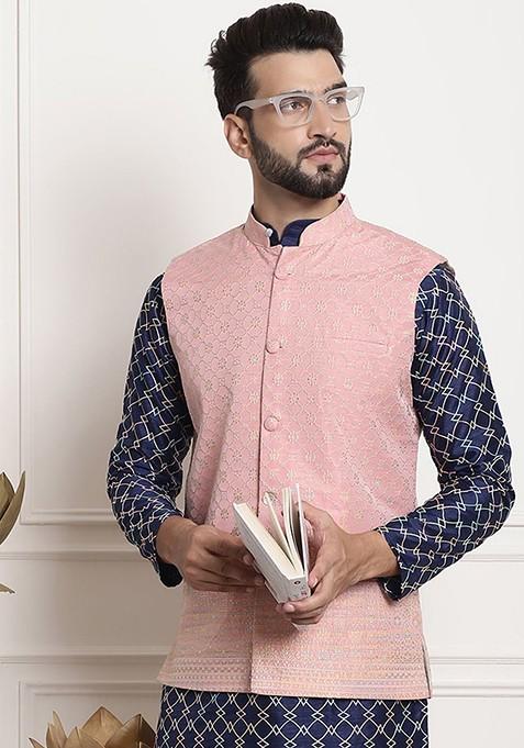 Pink Woven Jacquard Nehru Jackets For Men