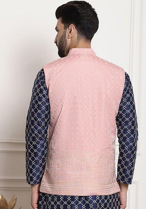 Pink Woven Jacquard Nehru Jackets For Men