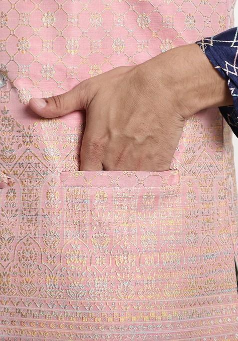 Pink Woven Jacquard Nehru Jackets For Men