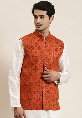 Orange Ethnic Motifs Poly Blend Nehru Jackets For Men