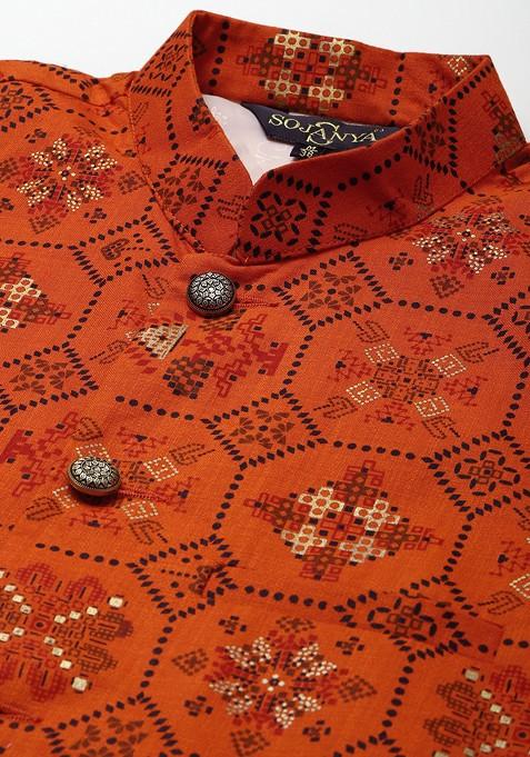 Orange Ethnic Motifs Poly Blend Nehru Jackets For Men