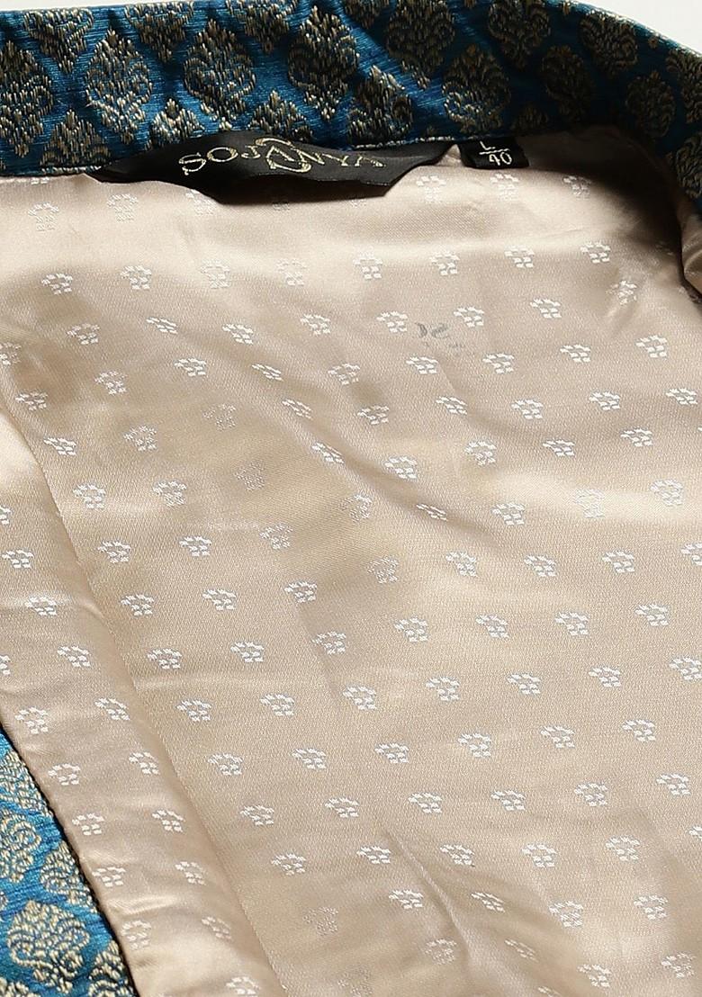 Teal Blue Woven Jacquard Nehru Jackets For Men