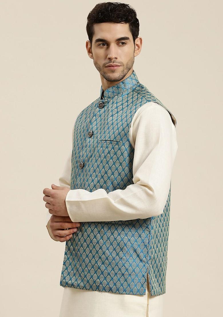 Teal Blue Woven Jacquard Nehru Jackets For Men