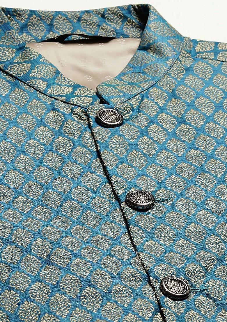 Teal Blue Woven Jacquard Nehru Jackets For Men