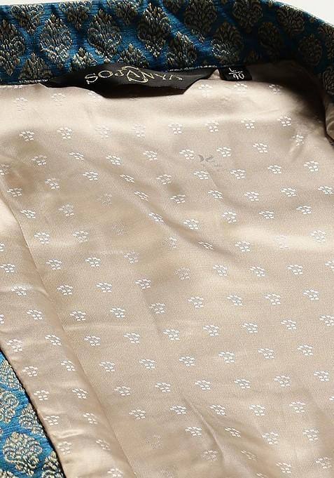 Teal Blue Woven Jacquard Nehru Jackets For Men