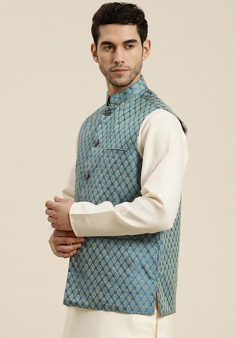 Teal Blue Woven Jacquard Nehru Jackets For Men