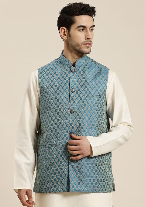 Teal Blue Woven Jacquard Nehru Jackets For Men