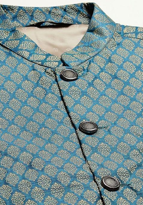 Teal Blue Woven Jacquard Nehru Jackets For Men