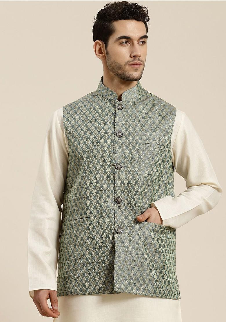 Green Woven Silk Nehru Jackets For Men