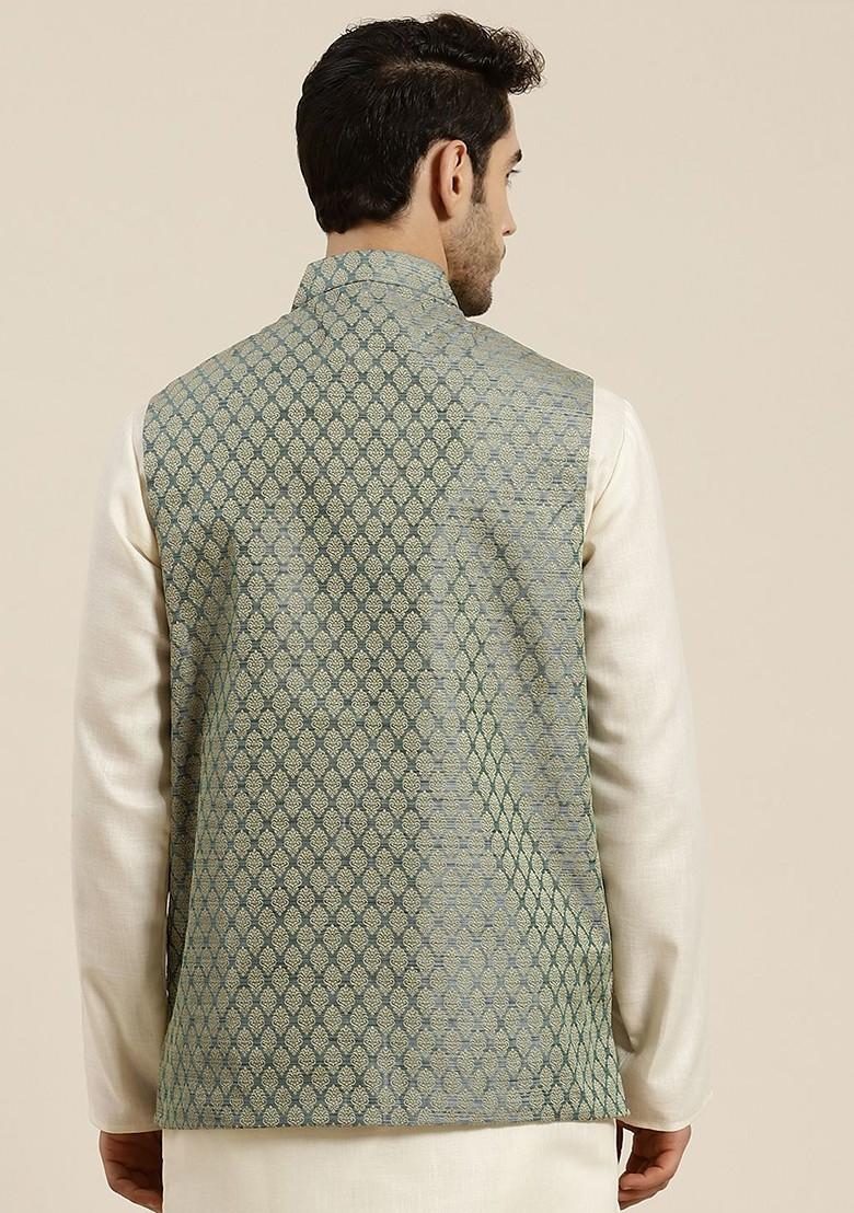 Green Woven Silk Nehru Jackets For Men