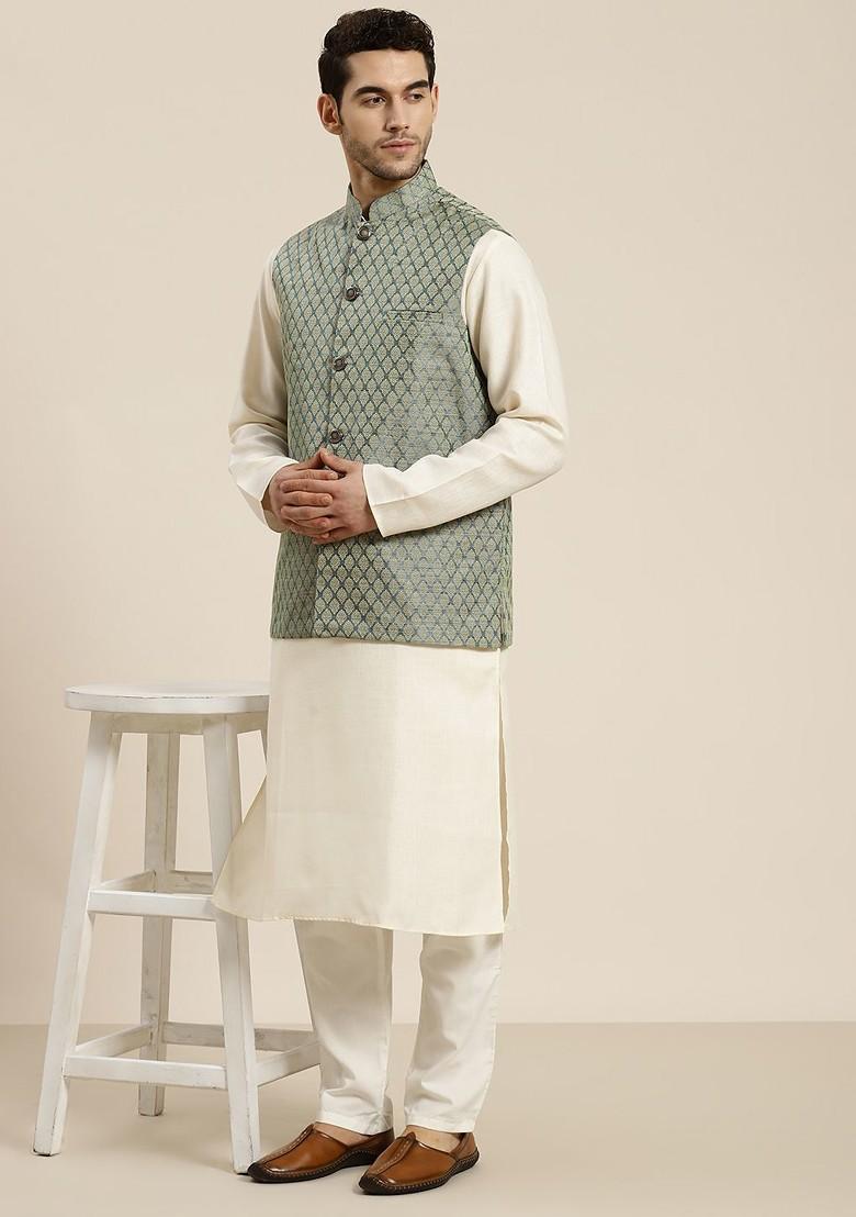 Green Woven Silk Nehru Jackets For Men