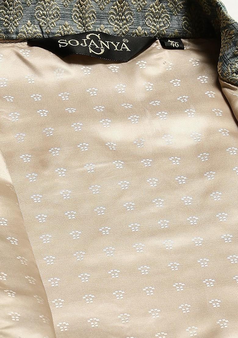 Green Woven Silk Nehru Jackets For Men
