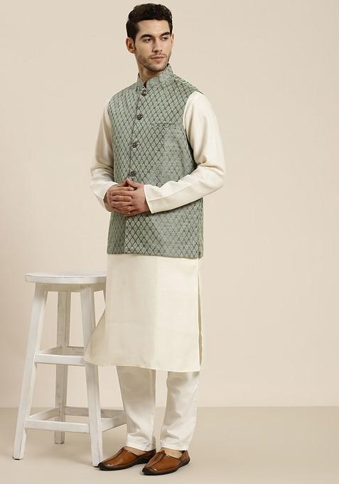 Green Woven Silk Nehru Jackets For Men