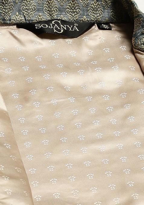 Green Woven Silk Nehru Jackets For Men