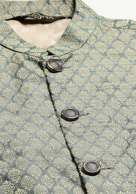 Green Woven Silk Nehru Jackets For Men