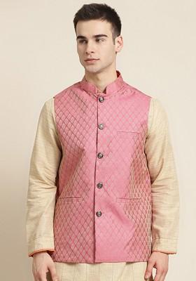 Pink Woven Silk Nehru Jackets For Men