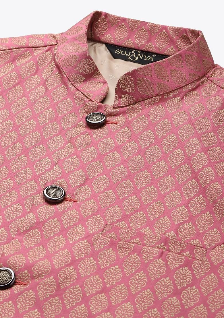 Pink Woven Silk Nehru Jackets For Men