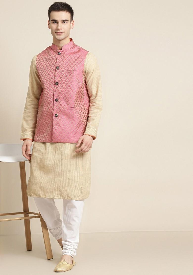 Pink Woven Silk Nehru Jackets For Men