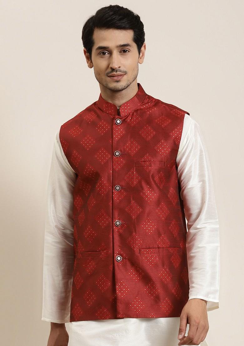 Maroon Woven Poly Blend Nehru Jackets For Men