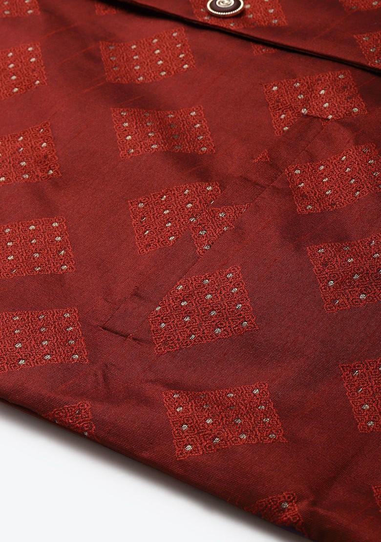Maroon Woven Poly Blend Nehru Jackets For Men