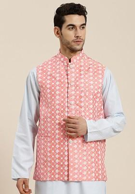 Pink Woven Poly Blend Nehru Jackets For Men