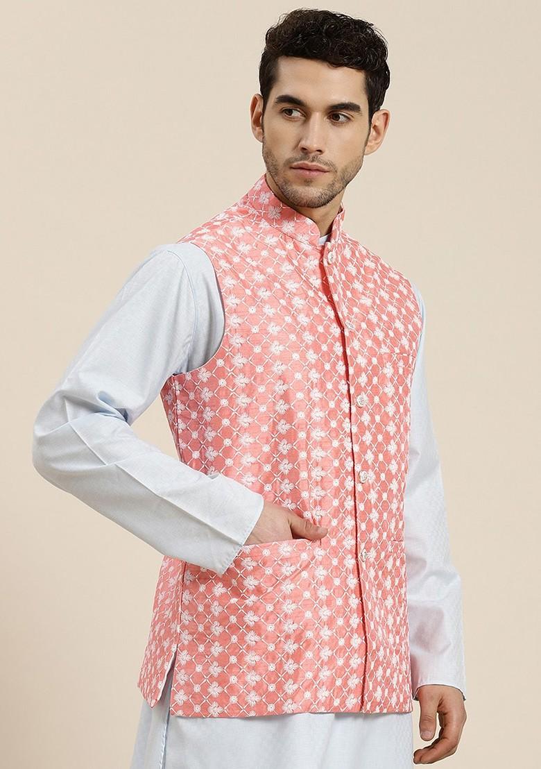 Pink Woven Poly Blend Nehru Jackets For Men
