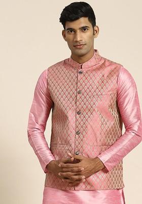 Pink Woven Poly Blend Nehru Jackets For Men